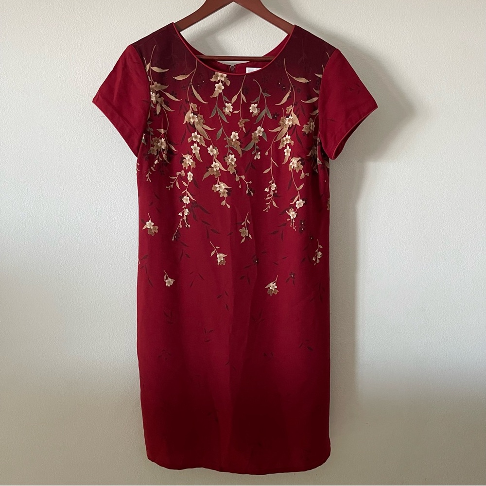 Vintage Women’s Deep Red Floral Shift Dress Sz M